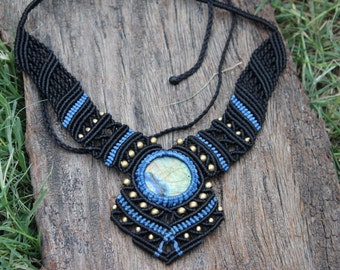 Black Macrame Necklace with Natural Labradorite Stone and Brass beads,Labradorite Macrame Necklace ,Free Length,Macrame Jewelry,Gift ,M137