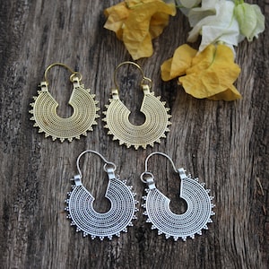 Mandala Hoop Brass Earrings, Bohemian Earrings, Boho Earrings, dangle drop Earrings, Tribal design, Geometric Earrings,  gift for her, E58