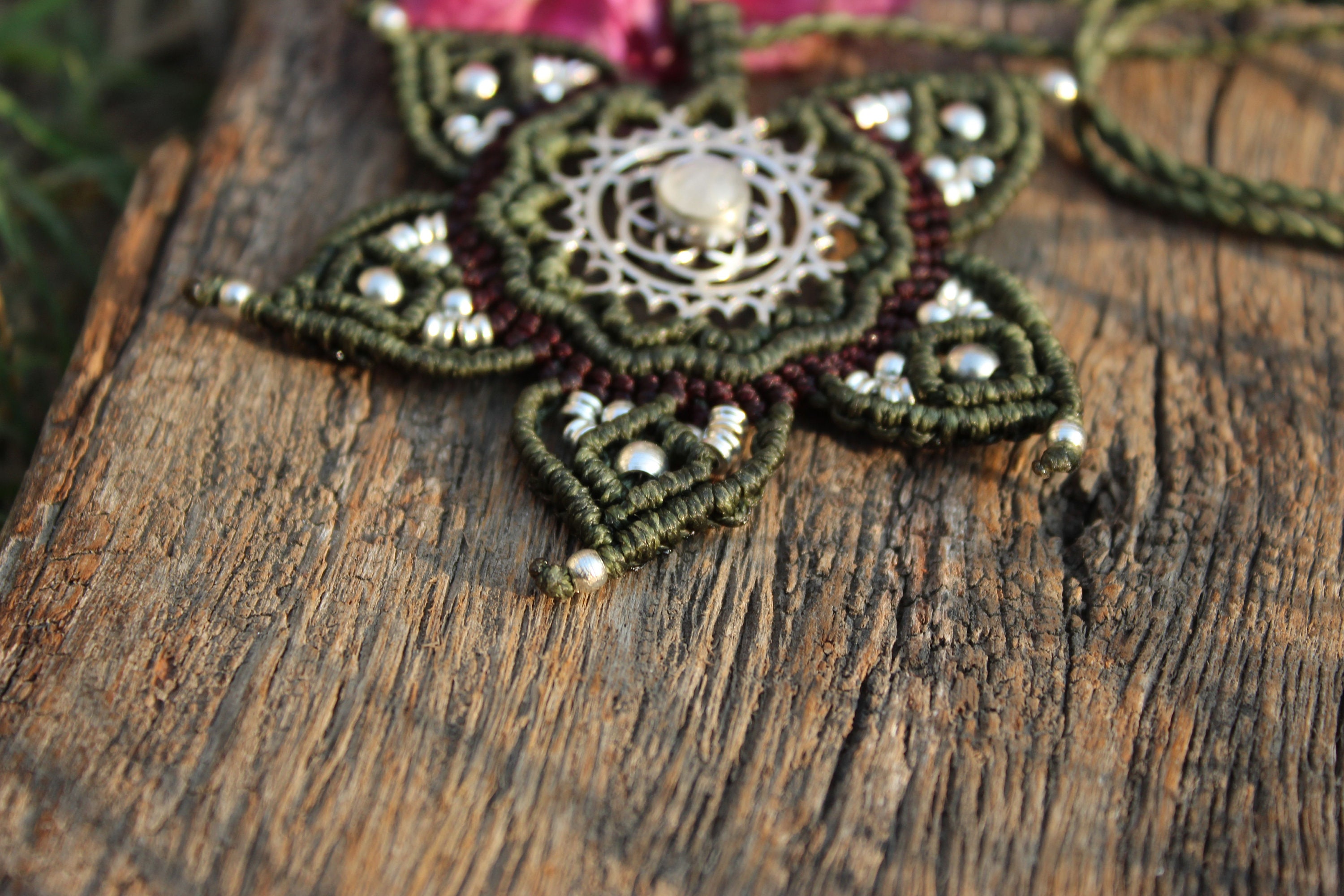 Seed of Life Macrame Necklace With Brass Beads,moonstone Necklace 