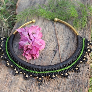 Black Macrame Necklace with Brass Choker,Brass Torque Necklace,Brass Macrame Necklace,Adjustable Brass Choker,Macrame Jewelry,Gift for Her