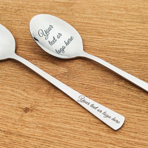 Personalized spoon, custom engraved with name, text or logo. Can be engraved in the bowl and on the handle. Personalized tablespoon or teaspoon.