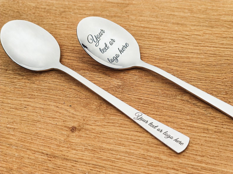 Personalized spoon, custom engraved with name, text or logo. Can be engraved in the bowl and on the handle. Personalized tablespoon or teaspoon.