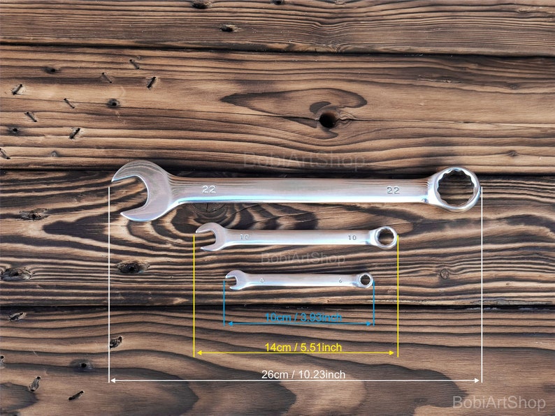 Custom engraved wrenches with different sizes. Personalized spanners