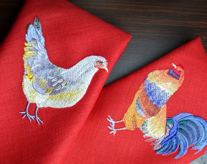 Napkins set embroidered hen and rooster