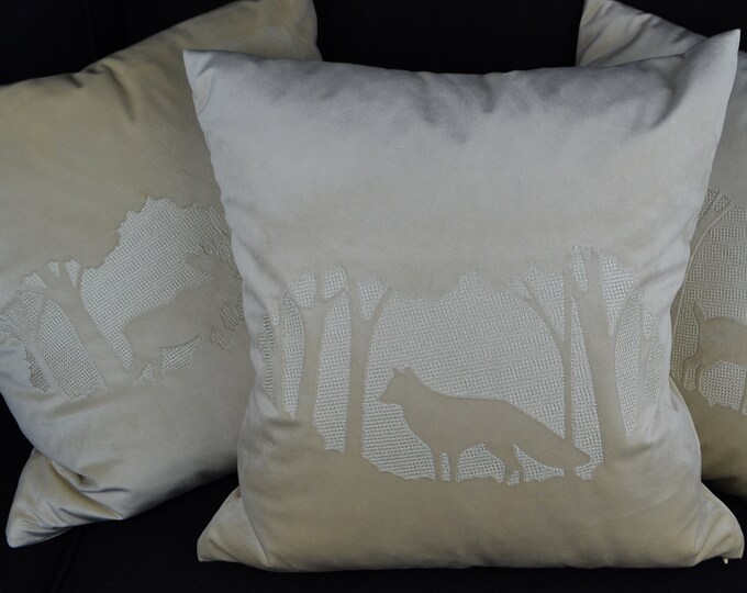 Set of 3 Christmas pillowcases with embroidered elk or deer or fox, wild animal in the winter forest
