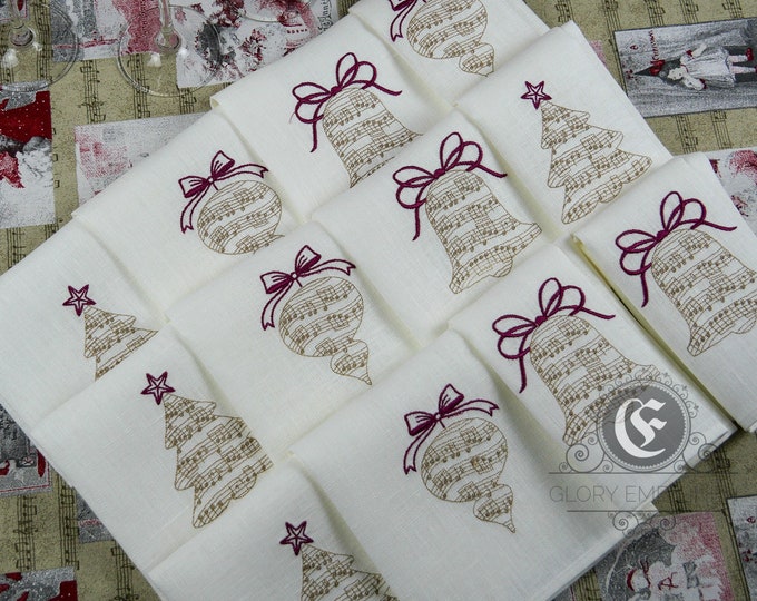 Christmas natural table linen set, napkins with embroidered carols, red tablecloth, printed napkins Christmas postcard
