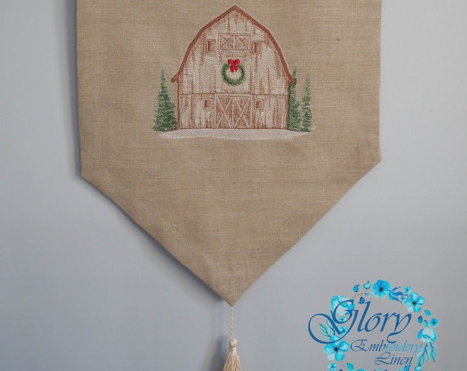Flag with embroidery Christmas Farmhouse from natural linen for decorating door or wall or garden