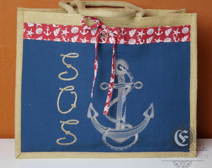 Jute tote with embroidered natural linen pocket Anchor