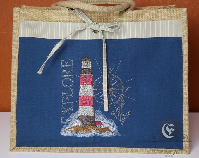 Jute tote bag with embroidered natural linen pocket sea lighthouse