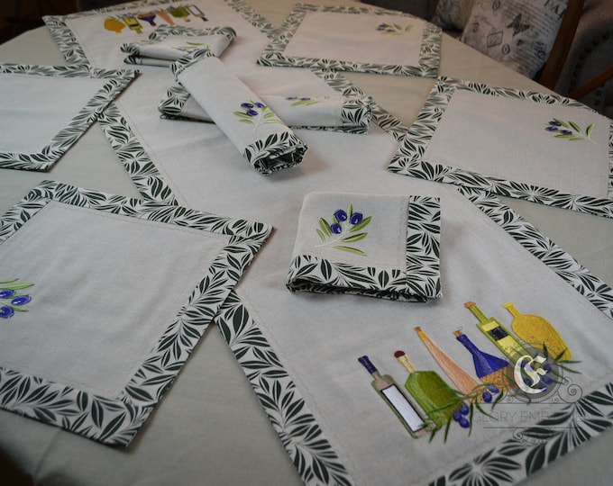 Table linen set of tablecloth, table runner embroidered olive bottle and 8 embroidered olive napkins