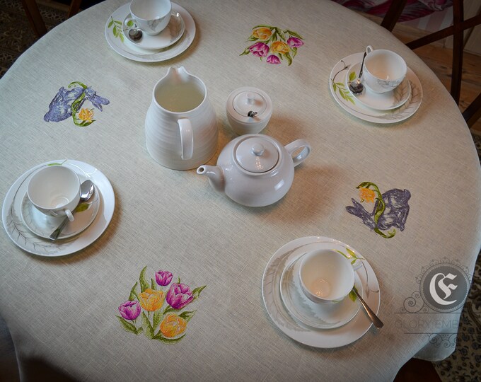 Easter tablecloth embroidered Bunny and Tulips