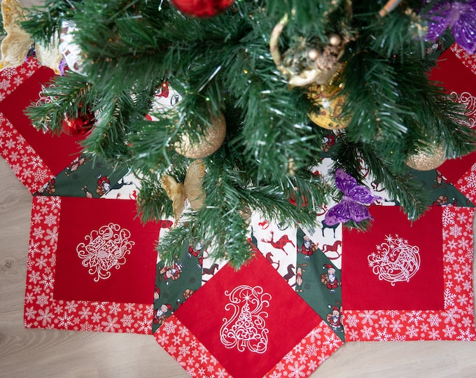 Skirt for Christmas tree, decoration gifts zone, embroidered on natural linen, 8 patterns - Christmas tree, candles, deer, 180 cm diameter
