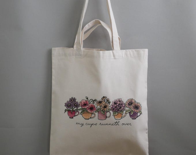 Tote bag embroidered garden flowers in cups