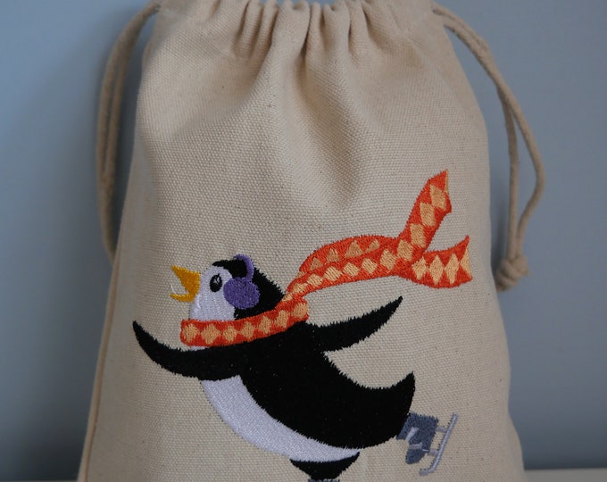 Fabric pouch embroidered Penguin figure skater