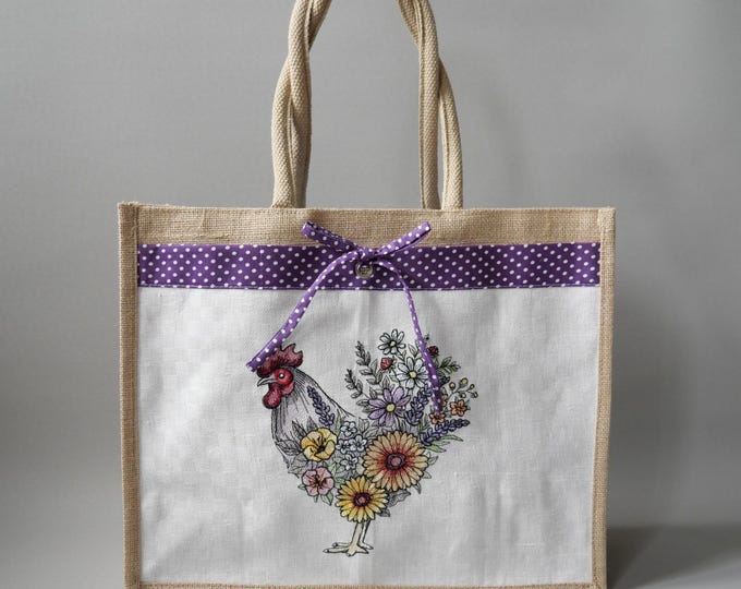 Jute tote bag with embroidered pocket flower rooster
