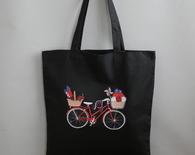 Tote bag embroidered Bicycle, 6 available embroidery patterns