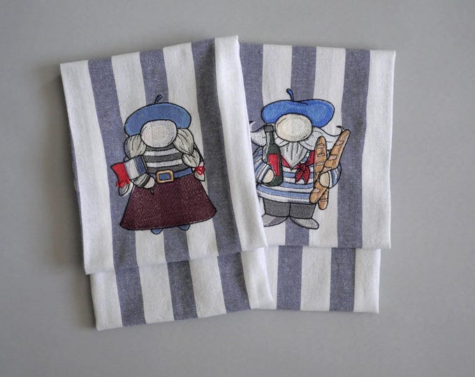 Towels embroidered French baker gnomes, set of 2 tea towels for kitchen