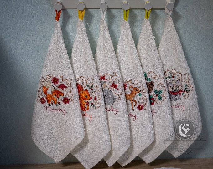Set of 7 towels embroidered Christmas animals