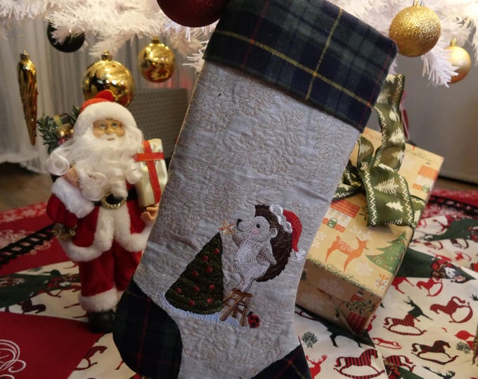 Christmas socking embroidered Hedgehog with a Christmas tree for Advent