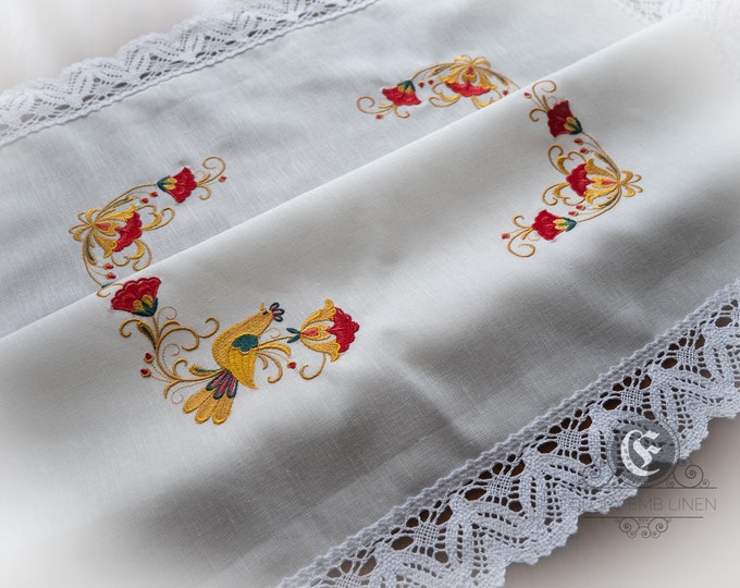 Easter white tablecloth embroidered red and golden flowers decorated natural cotton lace