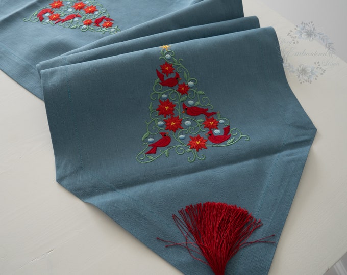 Runner with embroidered Christmas tree with red cardinals, Natural linen blue gray with red tassels