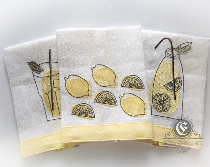 Set of 3 linen towels embroidered lemons, kitchen tea towels for gift, home casual decoration