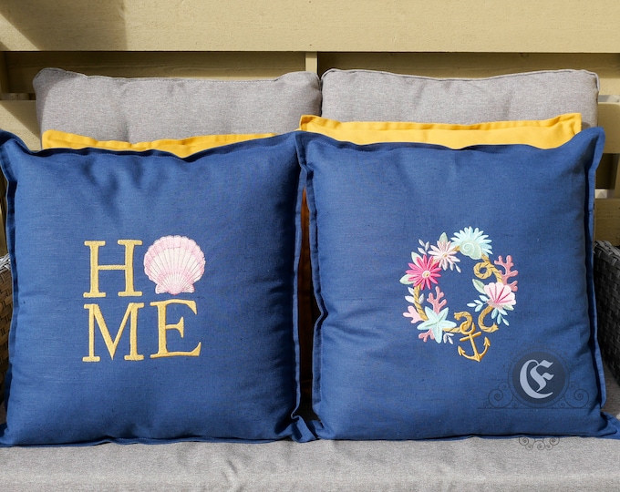 Pillow case natural linen with embroidered coral, anchor, home, shell
