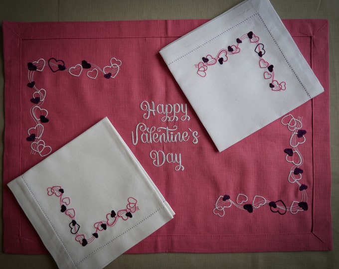 Valentine's Day table linen setting of napkins with tablecloth embroidered hearts