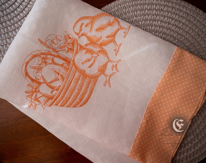 Kitchen towel embroidered Easter orange chicken and eggs, natural linen jacquard and cotton