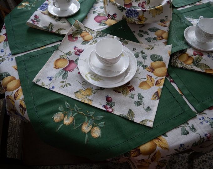 Lemon set of table linen, 4 embroidered green napkins, 8 placemats, 1 table runner and 1 tablecloth