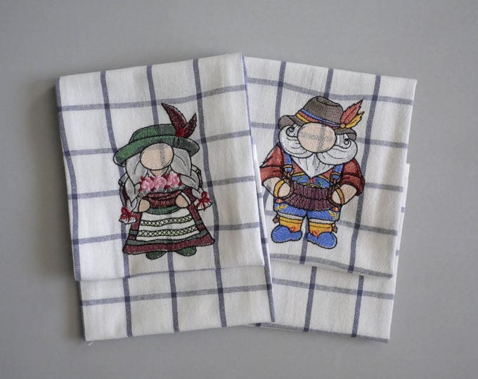 Towels embroidered Bovary gnomes, set of 2 tea towels for kitchen