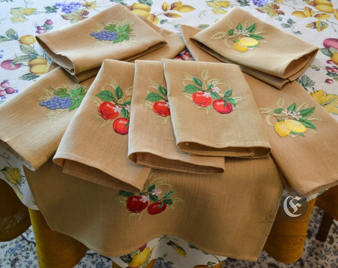 Set of table linen with 8 embroidered fruits napkins and 1 fruit print tablecloth and oval linen beige tablecloth