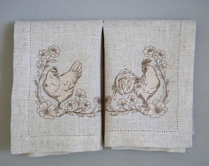 Set of napkins embroidered Hen and Rooster