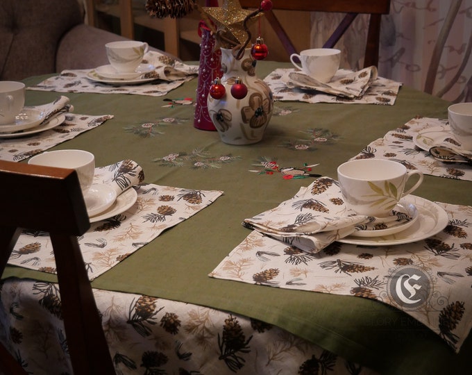 Set of 12 napkins, big tablecloth washes natural linen printed fir cone and twig, 1 tablecloth embroidered birds and winter branches