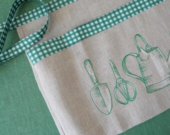 Fartuch lniany, kieszenie haftowane, narzędzia ogrodnicze