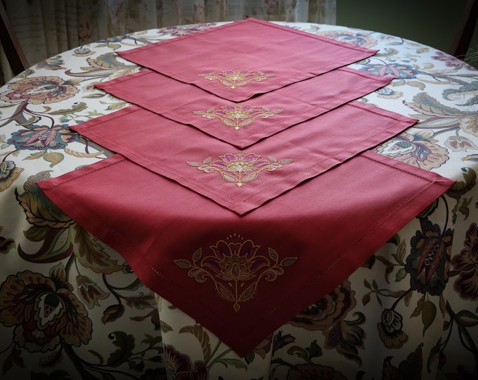Table linen setting of Jacobean flowers tablecloth with 4 embroidered red napkins