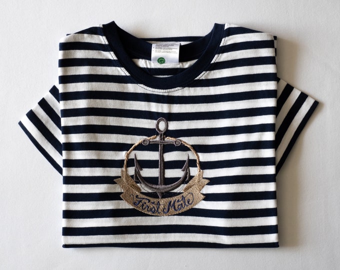 T-shirt navy white stripes embroidered anchor and inscription First Mate kid size