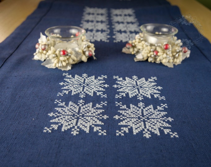 Holiday natural linen table runneer with embroidered snowflakes for Christmas New Year or Advent table decoration
