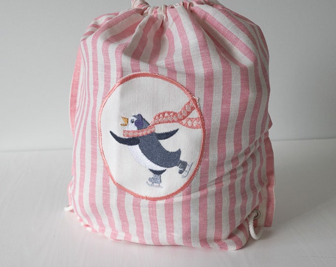 Linen tote embroidered Skater Penguin