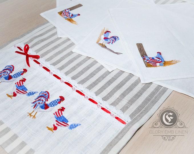 Table linen set embroidered American style hens and rooster