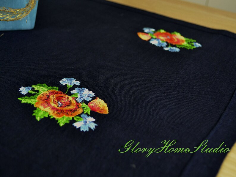 Embroidery Estonian Folk Flowers Natural European linen fabric Poppies Ready to shipping. Cornflowers and Wheat