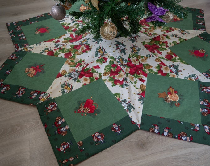 Christmas tree skirt with embroidered bells, candles, gingerbread and tangerines, diameter 180 cm