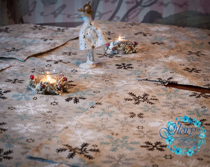 Table linen waterproof from natural linen printed snowflakes, runners and placemats