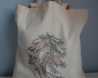 Cotton tote bag, embroidered Vintage skates