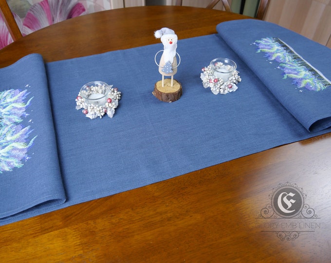 Natural blue linen runner embroidered Northern Lights