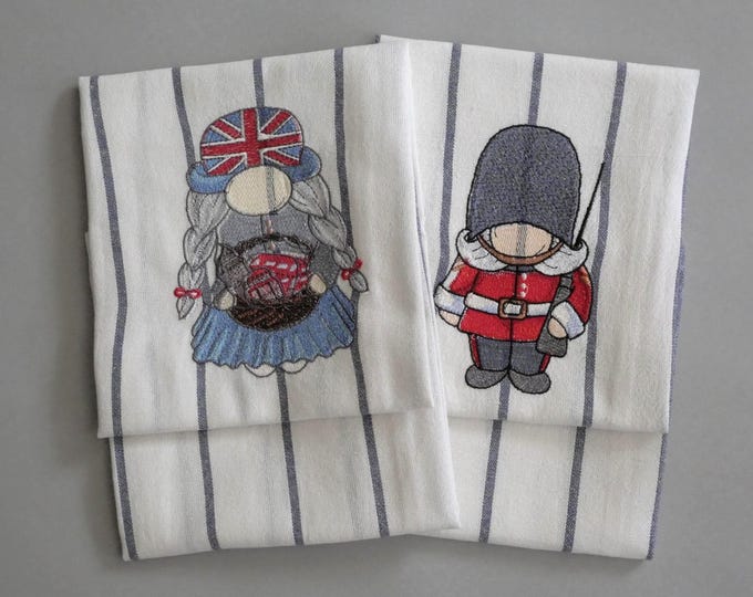 Set of 2 kitchen tea towels embroidered English gnomes for kitchen