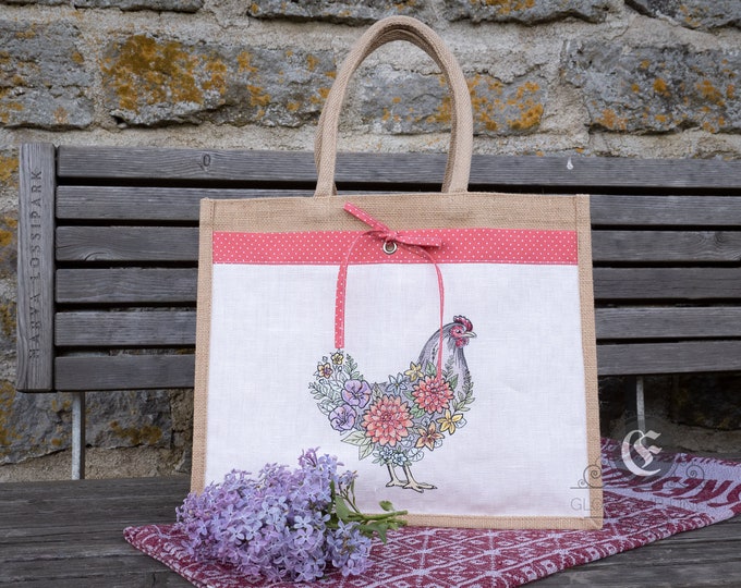 Tote bag embroidered Flowers Hen for beach holidays or for Mother's Day gift