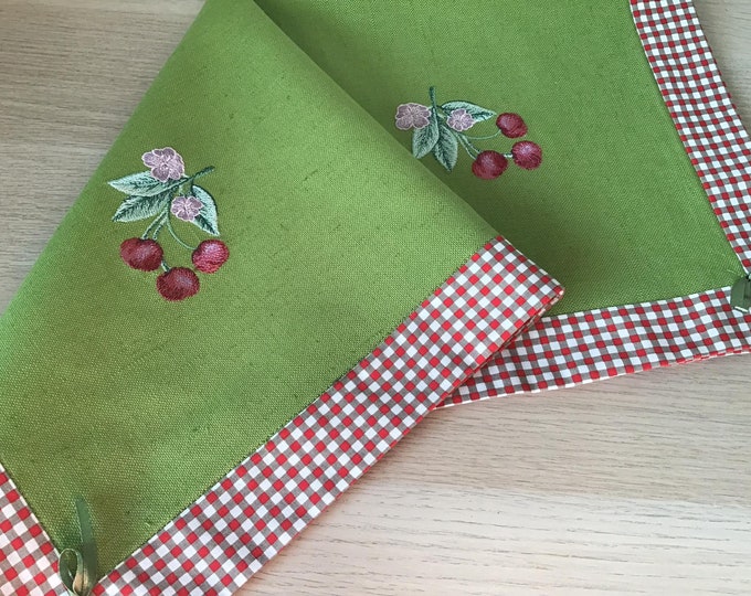 Natural linen green tablecloth embroidered red cherries