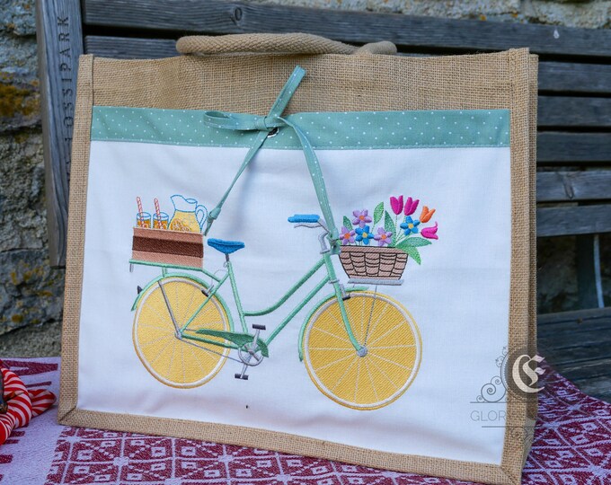 Jute tote bag, market beach bag, lemon juice bicycle embroidered on big cotton pocket with ring and lace