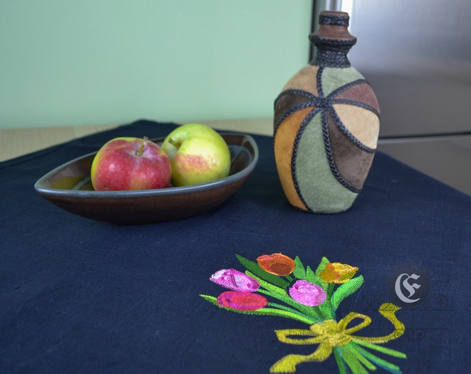 Tablecloth from natural linen fabric with tulips bouquet embroidery